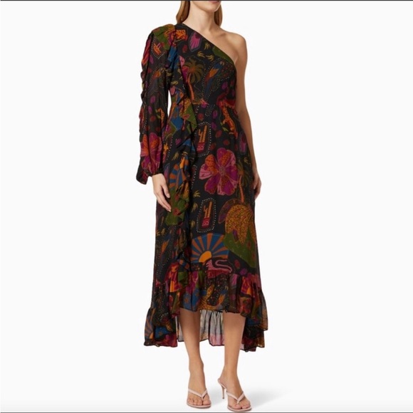 NWT FARM Rio Crazy Mix One-Shoulder Midi Dress Size S - Picture 2 of 14